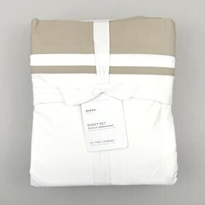 Pottery Barn Parker Organic Sheet Set QUEEN Percale White Taupe Stripe Tan New